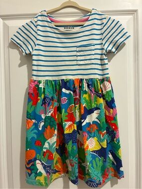 Mini Boden Girls' size 6-7 year Blue & Multicolor Striped Ocean Print Dress